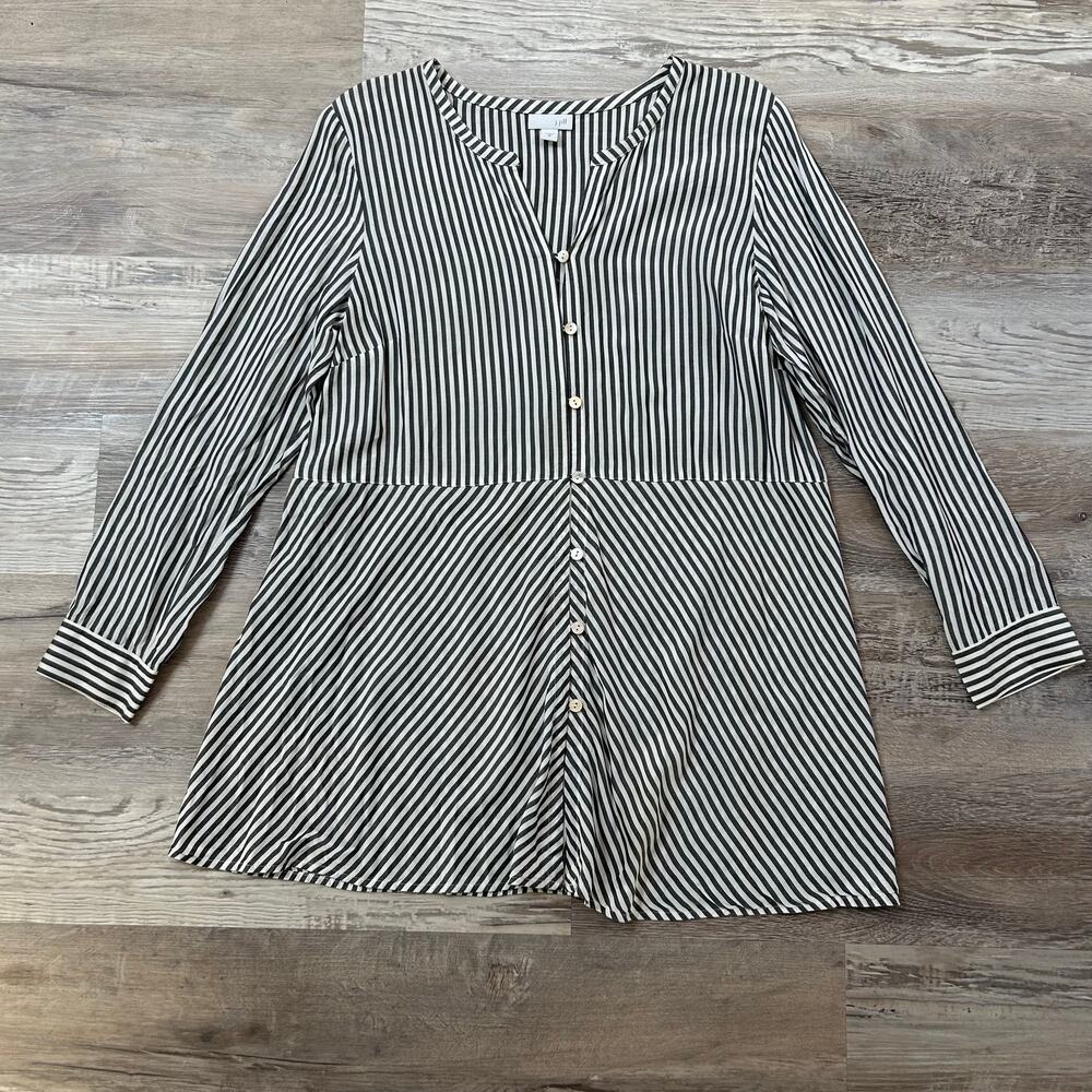 J. Jill Tunic Blouse Black White Rayon Button Down Stripe Long Sleeve M